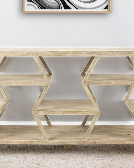 66" Light Brown Solid Wood Console Table Geometric Shelves