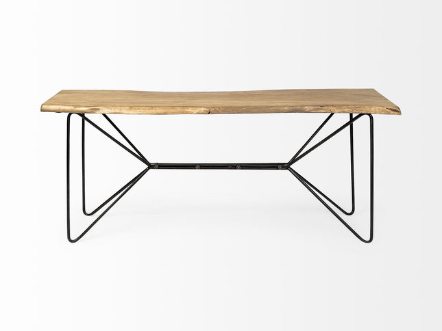 66" Natural and Black Solid Wood and Iron Abstract Base Console Table