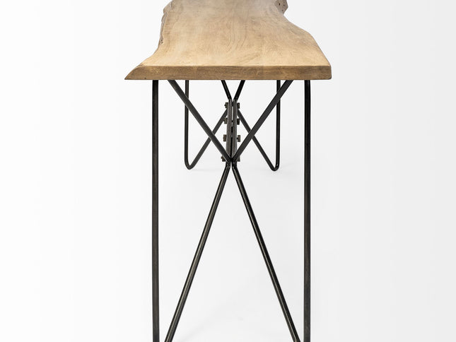 66" Natural and Black Solid Wood and Iron Abstract Base Console Table