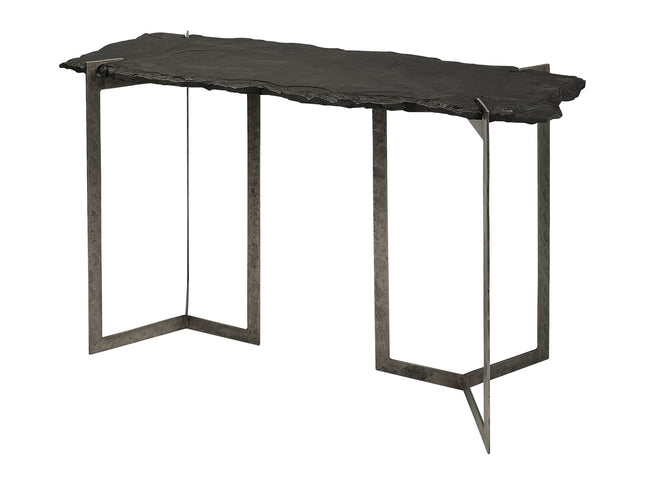 50" Black and Nickel Slate and Iron Distressed Double Pedestal Console Table