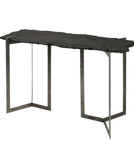 50" Black and Nickel Slate and Iron Distressed Double Pedestal Console Table