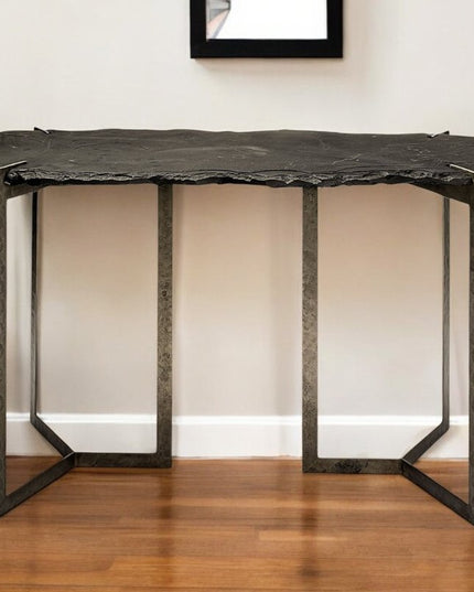 50" Black and Nickel Slate and Iron Distressed Double Pedestal Console Table