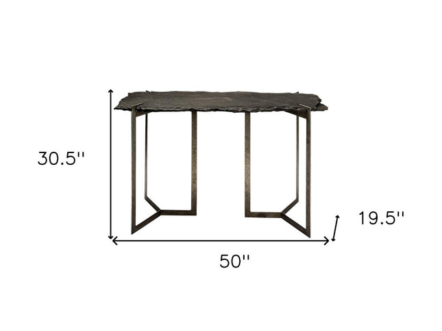 50" Black and Nickel Slate and Iron Distressed Double Pedestal Console Table