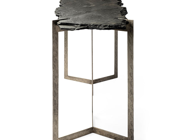50" Black and Nickel Slate and Iron Distressed Double Pedestal Console Table