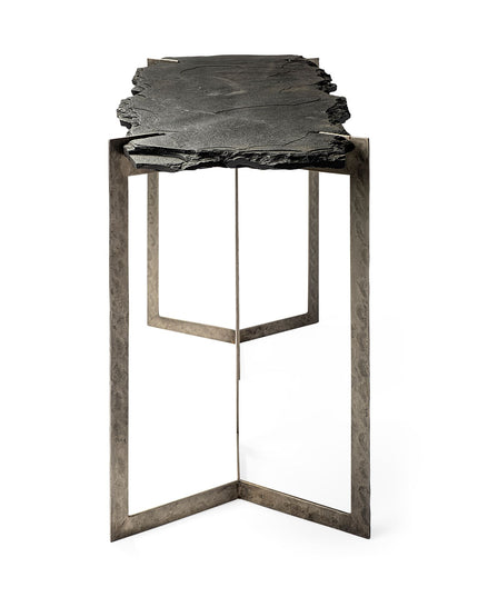 50" Black and Nickel Slate and Iron Distressed Double Pedestal Console Table