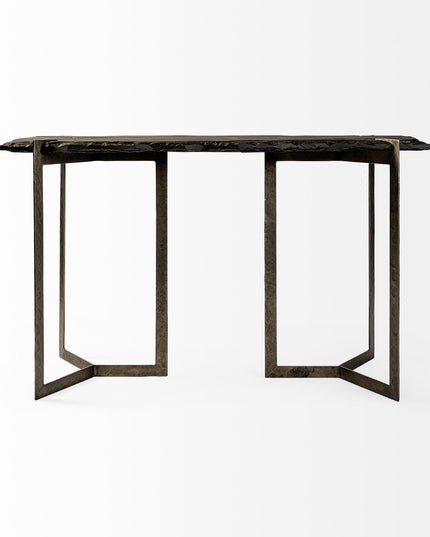 50" Black and Nickel Slate and Iron Distressed Double Pedestal Console Table