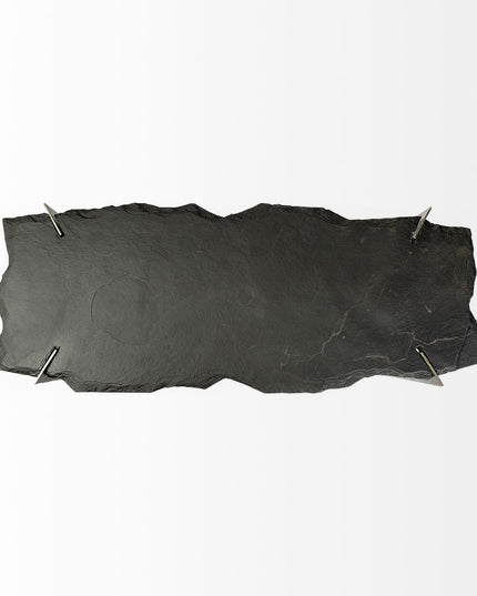 50" Black and Nickel Slate and Iron Distressed Double Pedestal Console Table