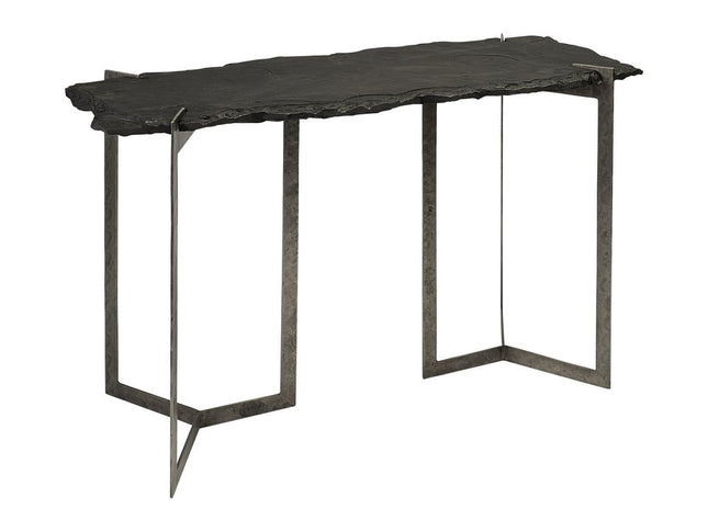 50" Black and Nickel Slate and Iron Distressed Double Pedestal Console Table