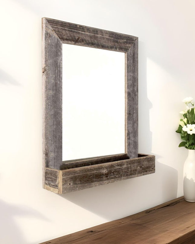 Rustic Weathered Gray Reclaimed Wood Plank Mirror With Shelf