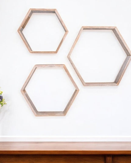 Set of Three Gray Wood Hexagon Wood Open Box Shelves