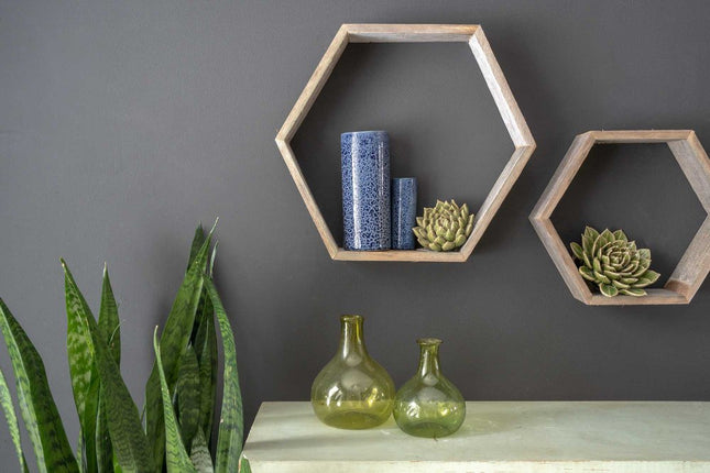 Set of Three Gray Wood Hexagon Wood Open Box Shelves