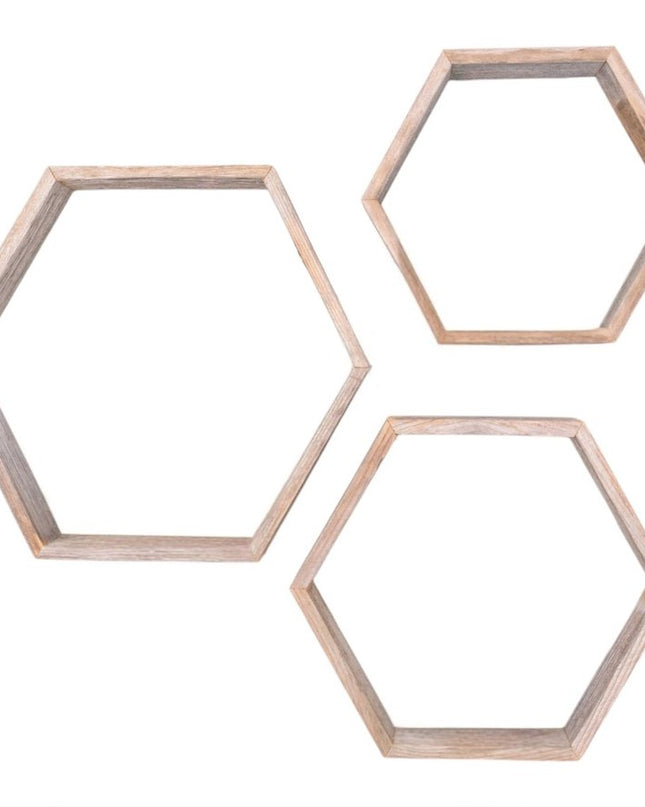 Set of Three Gray Wood Hexagon Wood Open Box Shelves