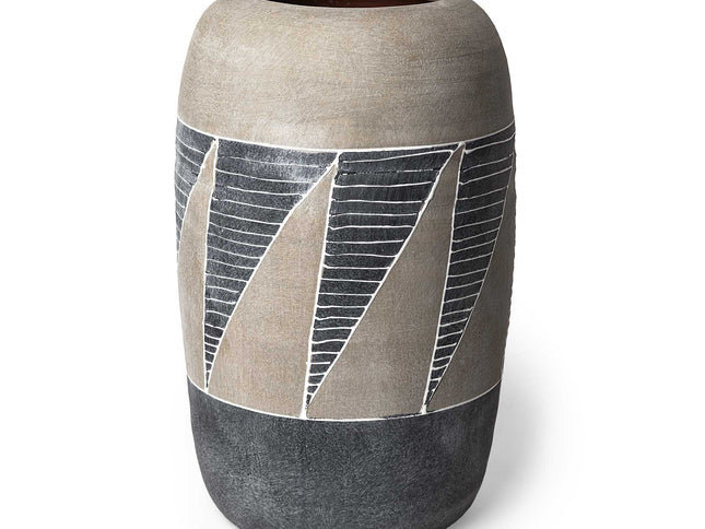 15" Brown And Gray Geometric Cylinder Ceramic Table Vase