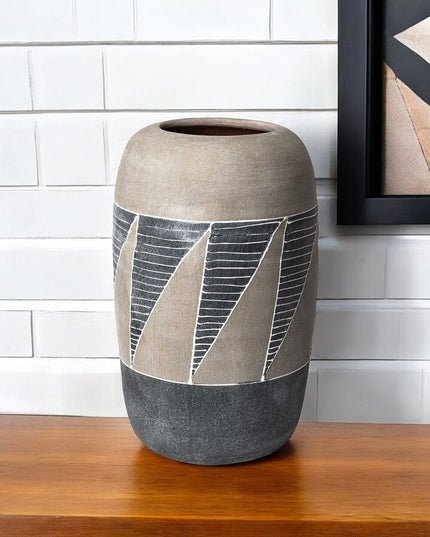 15" Brown And Gray Geometric Cylinder Ceramic Table Vase