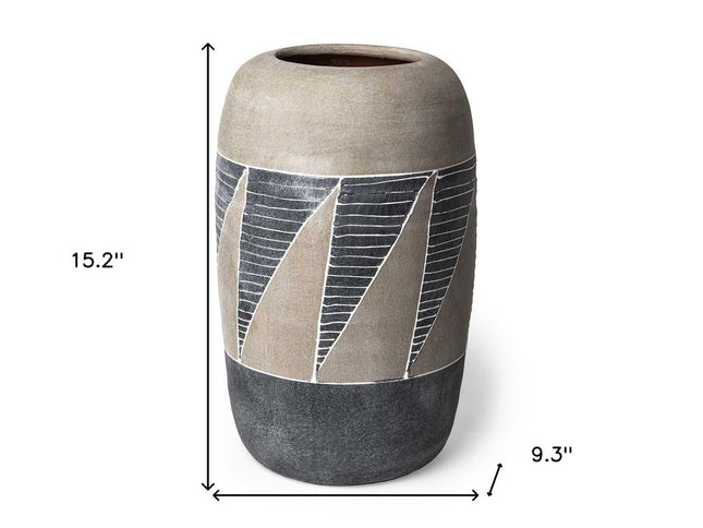 15" Brown And Gray Geometric Cylinder Ceramic Table Vase
