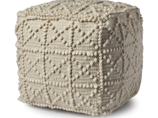 18" Ivory Wool Knubby Geometric Cube Pouf Ottoman