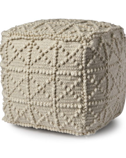 18" Ivory Wool Knubby Geometric Cube Pouf Ottoman