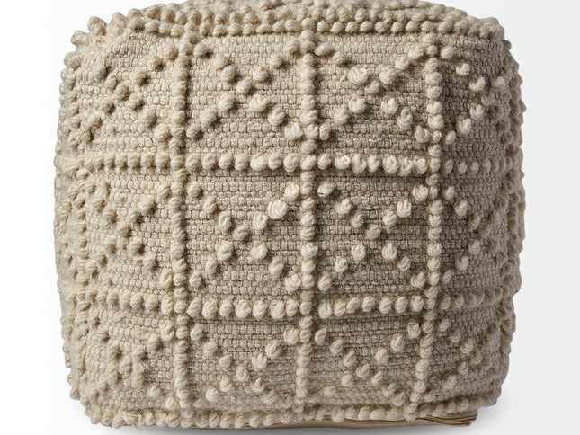 18" Ivory Wool Knubby Geometric Cube Pouf Ottoman