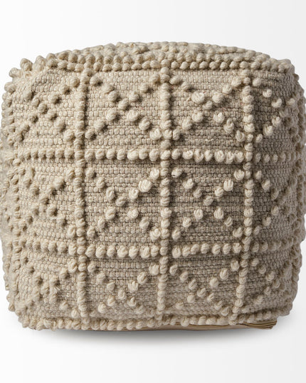 18" Ivory Wool Knubby Geometric Cube Pouf Ottoman