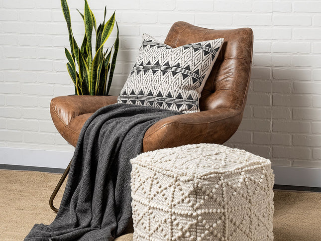 18" Ivory Wool Knubby Geometric Cube Pouf Ottoman