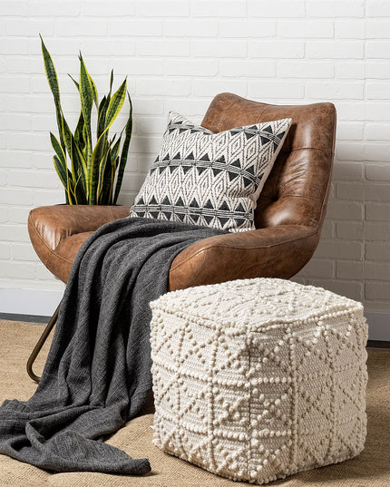 18" Ivory Wool Knubby Geometric Cube Pouf Ottoman