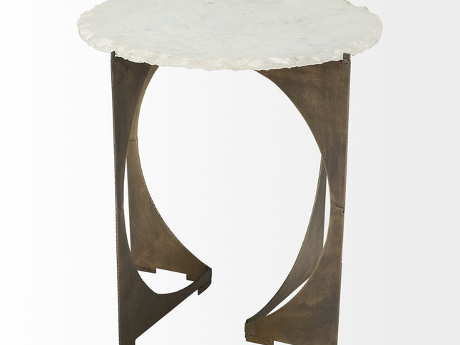 21" Brown And White Marble Round End Table