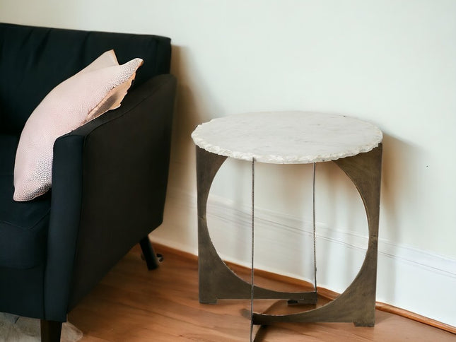 21" Brown And White Marble Round End Table