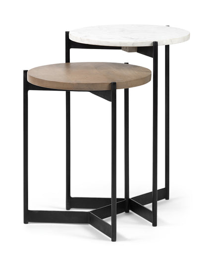 24" Brown And White Glass Round End Table