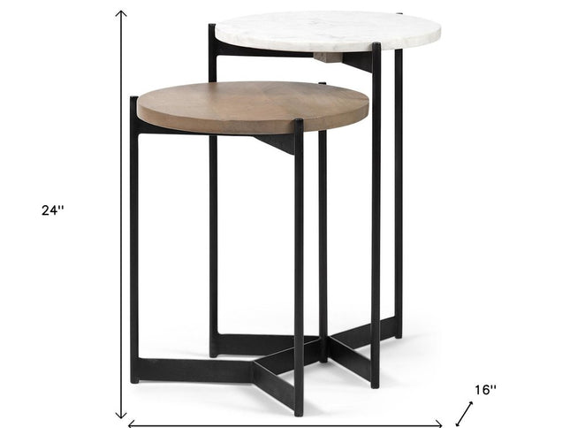 24" Brown And White Glass Round End Table