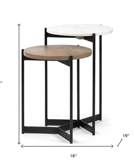 24" Brown And White Glass Round End Table