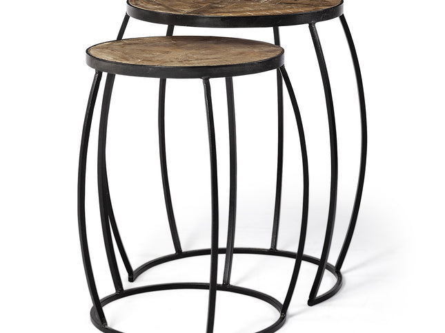 Set of Two 26" Black And Brown Solid Wood Round End Table