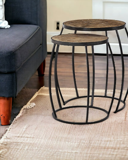 Set of Two 26" Black And Brown Solid Wood Round End Table
