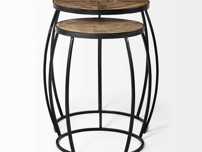 Set of Two 26" Black And Brown Solid Wood Round End Table