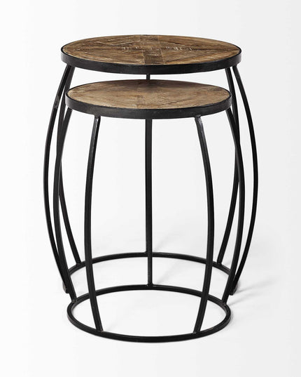 Set of Two 26" Black And Brown Solid Wood Round End Table