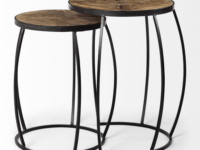 Set of Two 26" Black And Brown Solid Wood Round End Table