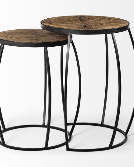 Set of Two 26" Black And Brown Solid Wood Round End Table
