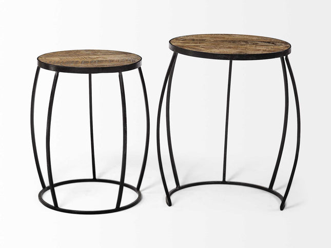 Set of Two 26" Black And Brown Solid Wood Round End Table