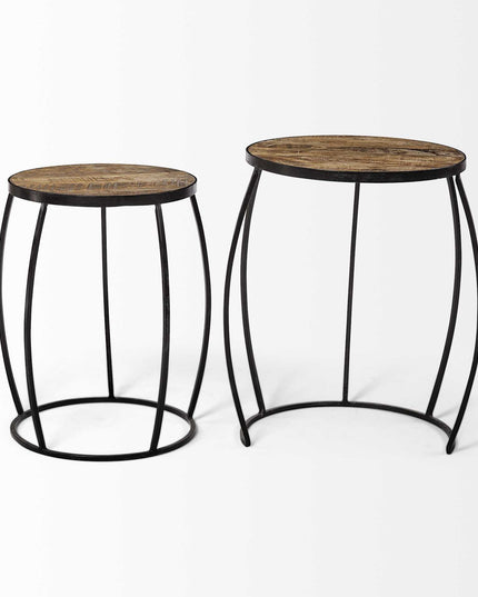 Set of Two 26" Black And Brown Solid Wood Round End Table