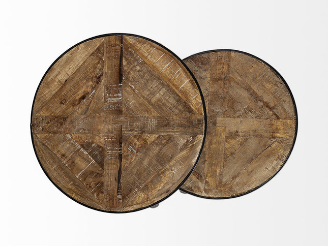 Set of Two 26" Black And Brown Solid Wood Round End Table