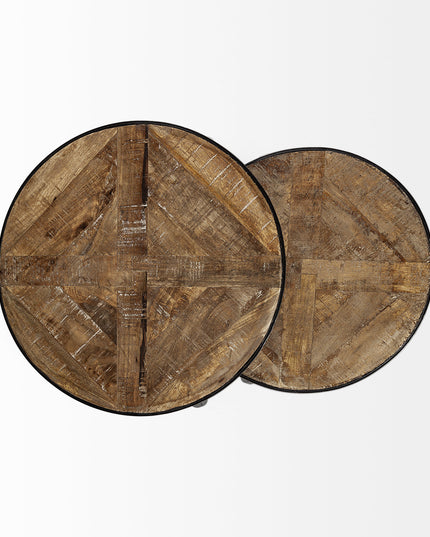 Set of Two 26" Black And Brown Solid Wood Round End Table