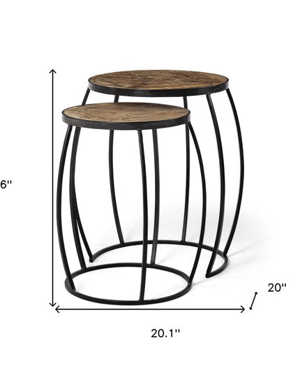 Set of Two 26" Black And Brown Solid Wood Round End Table