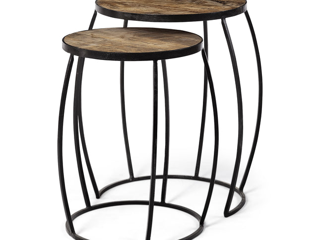 Set of Two 26" Black And Brown Solid Wood Round End Table