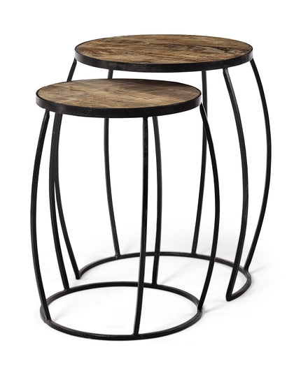 Set of Two 26" Black And Brown Solid Wood Round End Table