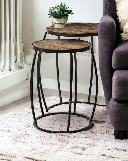 Set of Two 26" Black And Brown Solid Wood Round End Table