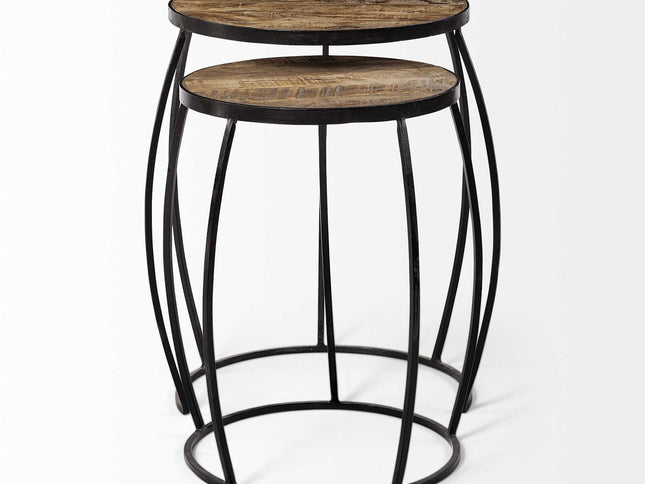 Set of Two 26" Black And Brown Solid Wood Round End Table