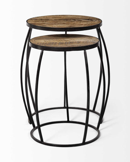 Set of Two 26" Black And Brown Solid Wood Round End Table