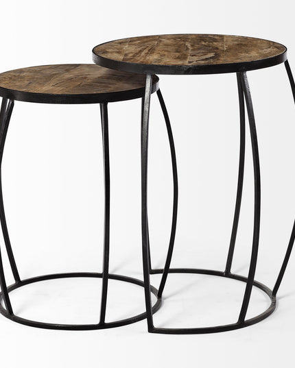 Set of Two 26" Black And Brown Solid Wood Round End Table