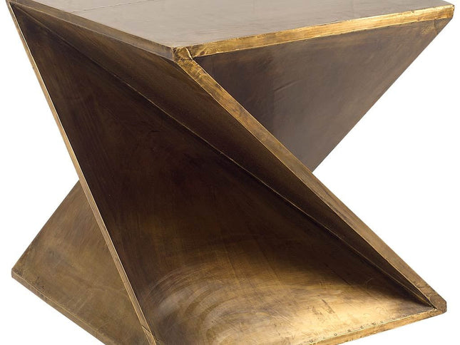 21" Brass Clad Distressed Wood Abstract End Table