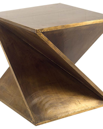 21" Brass Clad Distressed Wood Abstract End Table