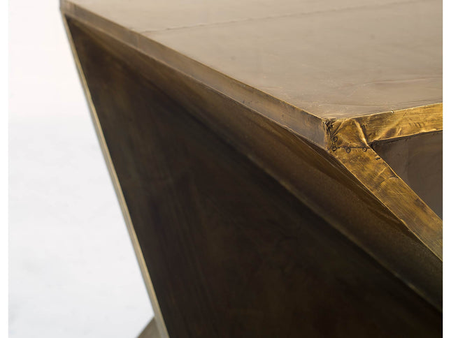 21" Brass Clad Distressed Wood Abstract End Table